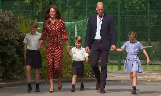 Kate Middleton wore a new Izzy polka dot pleated shirt dress by Rixo. Princess Charlotte, Prince Louis and Prince George