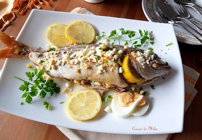 Pescado  al horno con huevo y jamón