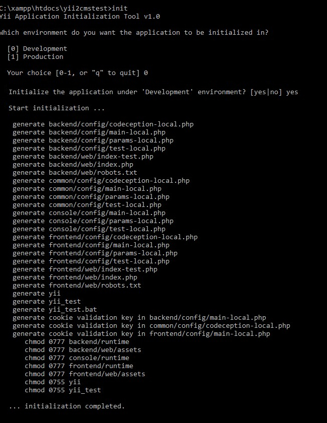 How to install yii framework in windows 10 - init command output screen