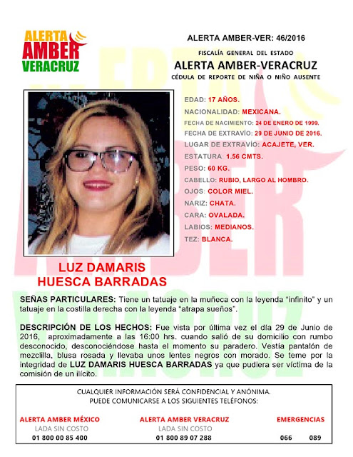 Activan Alerta Amber para LUZ DAMARIS HUESCA BARRADAS en Acajete Veracruz