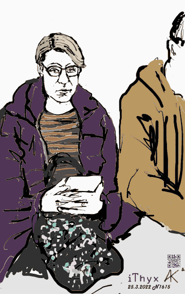 Девушка в очках с короткой стрижкой и чёлкой, одетая в фиолетовую куртку, с планшетом в руках и чёрным рюкзаком с цветами, рядо со своим мужчиной в оранжевом, цветной рисунок на телефоне сделал художник Андрей Бондаренко @iThyx_AK