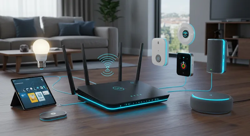 A modern 5G router connected to smart home devices, symbolizing seamless 2025 connectivity.