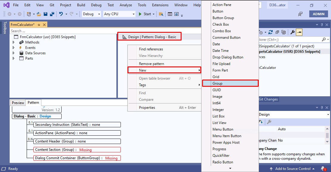 D365Snippets.com Dyanmics 365 Calculator Example _ Add a group pattern to the form