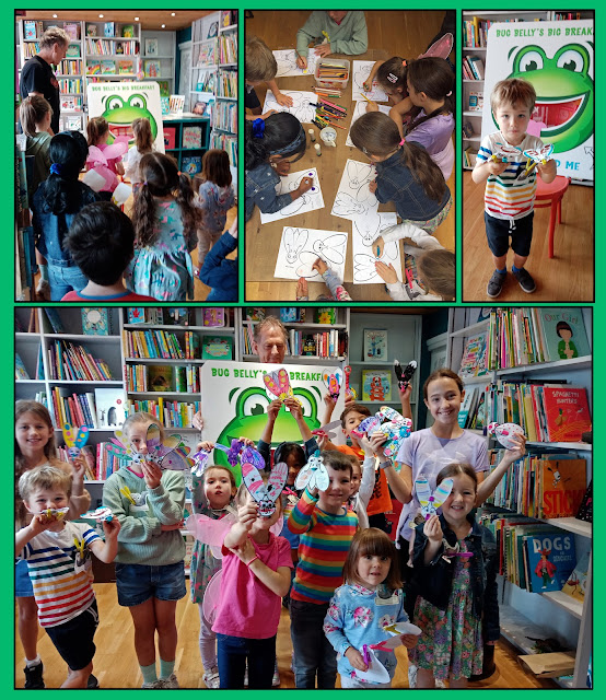 Montage pf pics showing childrens book event with Paul Morton and Bug belly the frog