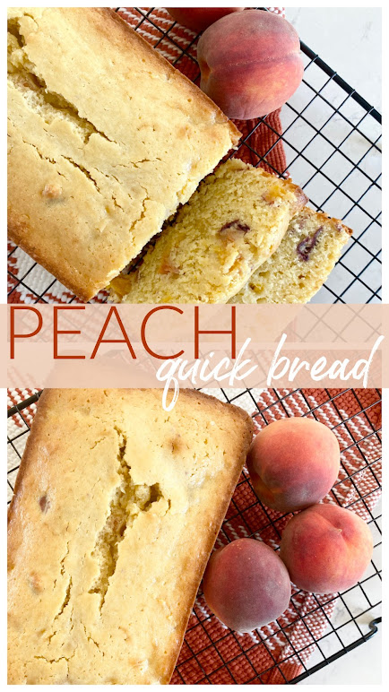 Peach Quick Bread on a wire cooling rack with slices cut and fresh peaches.