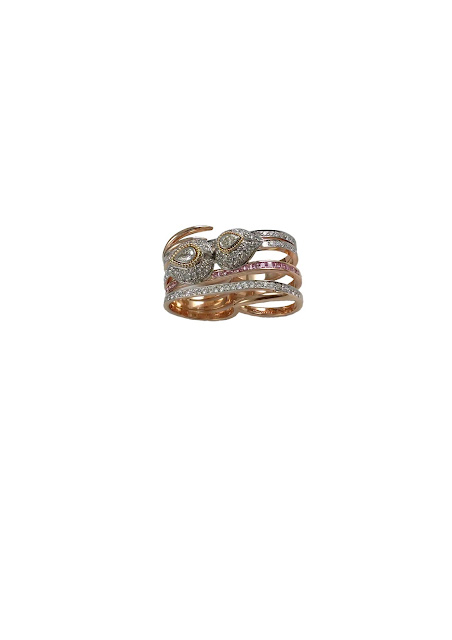 Double finger ring with pink sapphires and white diamonds from Mirari in 18 kt yellow gold