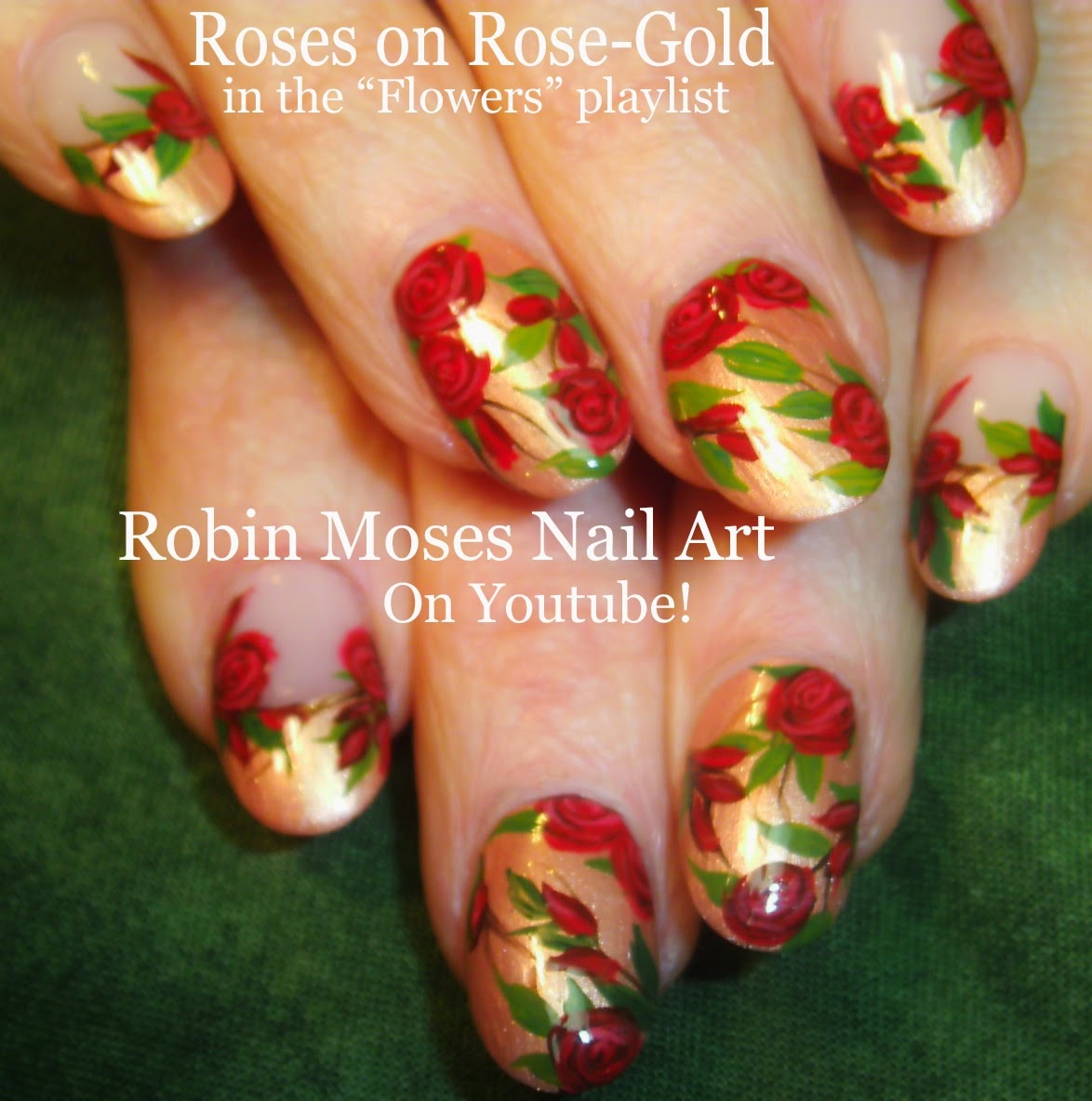 Hand Painted Rosegold Nails | Gold Glittery Pink Roses Nail Art Design  Tutorial - YouTube