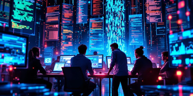 Futuristic AI software development environment with advanced technology.