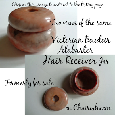 Kristin Holt | Victorian Hair Receiver: two photograph images of a singular Victorian Boudoir Alabaster Hair Receiver Jar. Formerly for sale on Chariish.com.