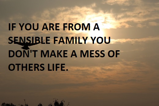 IF YOU ARE FROM A SENSIBLE FAMILY YOU DON'T MAKE A MESS OF OTHERS LIFE.