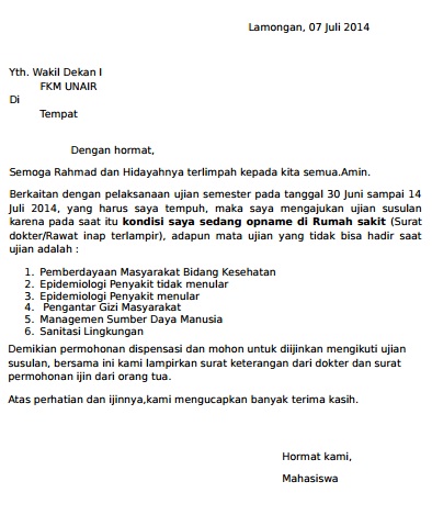 Contoh Surat Permohonan Ujian Susulan Karena Sakit Opname 