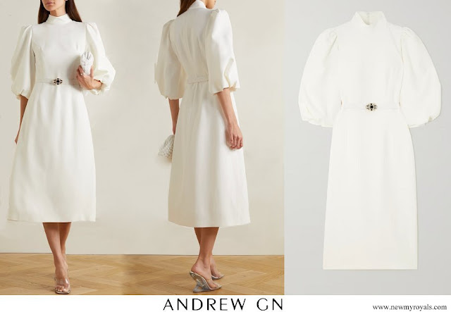 Rajwa Al Saif wore ANDREW GN embellished belted cady midi dress