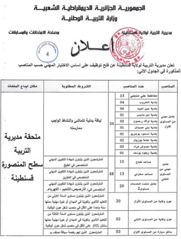 اعلان توظيف 107 منصب بمديرية التربية لولاية قسنطينة
