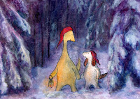 A postcard where Hulmu and Haukku dog are walking in snowy forest at Christmas night.