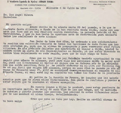 Carta de Román Torán a Ángel Ribera en 1956