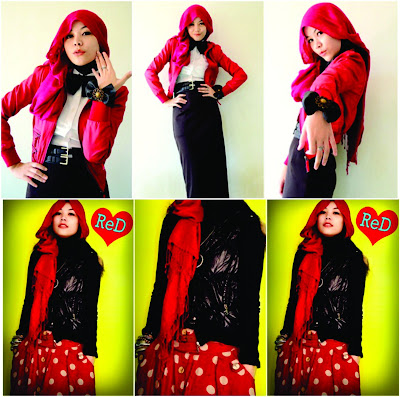 Model Hijab Paduan Busana Merah