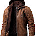 FLAVOR Men Brown Leather Motorcycle Jacket with Removable Hood