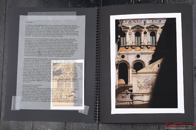 Opening pages of my photo album, Three Weeks In Venice showing a page of writing and a picture of the courtyard of the Doges Palace, staircase with shadows.