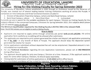 University of Education Lahore Jobs Advertisement 2022 - www.ue.edu.pk Jobs online Apply