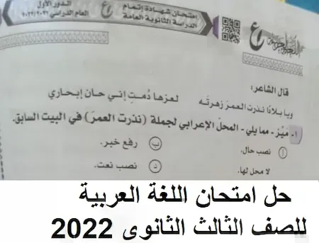 حل امتحان اللغة العربية للصف الثالث الثانوى 2022 ، حل امتحان العربى للثانوية العامة 2022