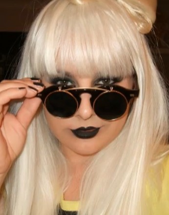 With a bold move Lady Gaga wearing blue lipstick in New York 