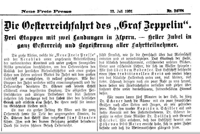 Zeppelin in Wien, Neue Freie Presse, 13.07.1931 @ panAm productions 2020