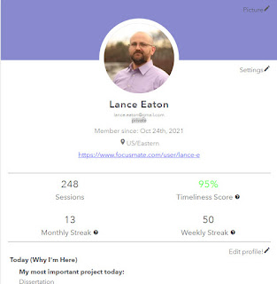 A screenshot of Lance's Focusmate Profile. It includes a profile picture, the user's name, when they joined, where they are joining from, number of sessions, timeliness score, monthly streak and weekly streak.