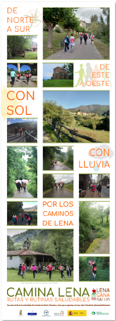 cartel con fotos de distintos lugares de Lena por donde transcurren las  actividades del programa Camina Lena. Texto: de norte a sur, de este a oeste, con sol, con lluvia, por los caminos de Lena.