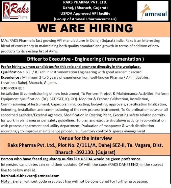 Raks Pharma Hiring For Instrumentation Department