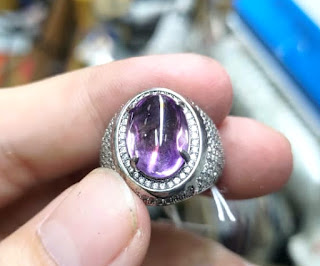 Cincin Batu Kecubung Bungur Tanjung Bintang KCB018 Amethyst Kwalitas Super Ikatan Perak Mewah