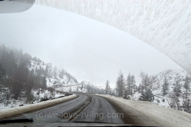 the snowy clouds are thick and low as we drive up the hill