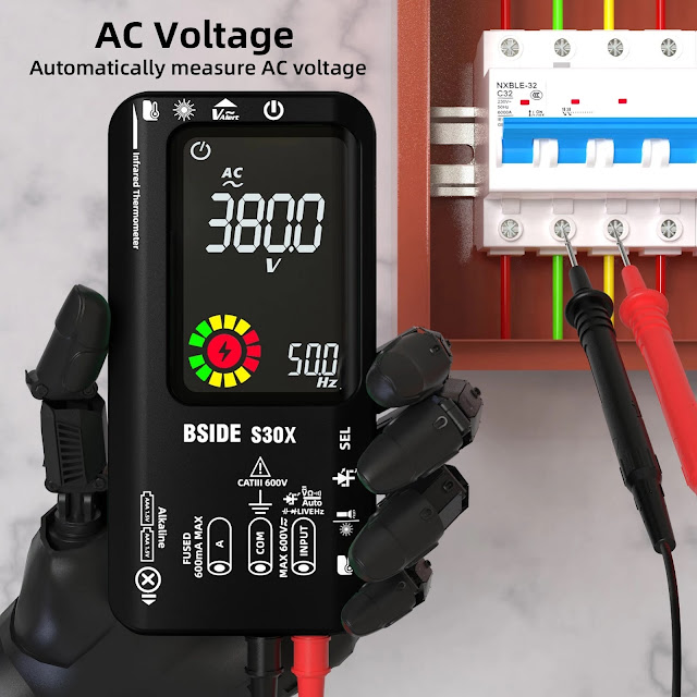 BSIDE Digital Multimeter Infrared Thermometer LCD Color Display Handheld Multimeter 9999 True RMS Professional Voltage Capacitance Resistance Frequency Diode Tester Infrared Temperature Measuring Device Live Wire Recognition Meter with Automatic Shutdown Function