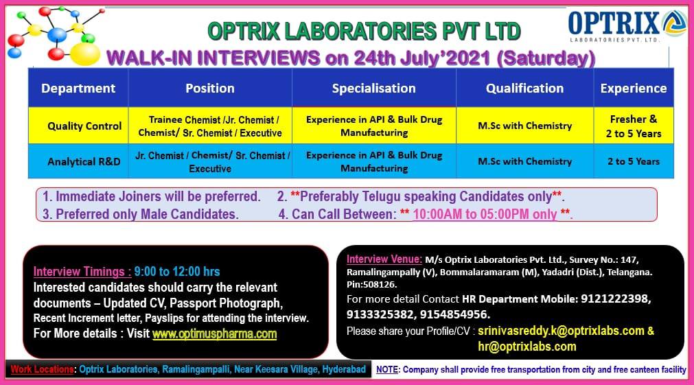 Job Availables, Optrix Laboratories Walk-In Drive for Freshers & Experienced in Production / QC / AR&D