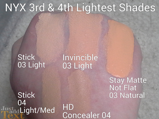 NYX Invincible Fullest Coverage Foundation In Light, NYX Stay Matte Not Flat Foundation in 03 Natural, NYX Mineral Foundation Stick in Light 03 & Light/Medium 04, NYX HD Concealer in 04 Light