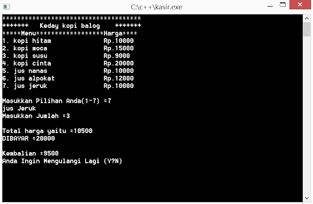 Gambar hasil runing Contoh program c++ kasir sederhana warngkopi pembelian jus