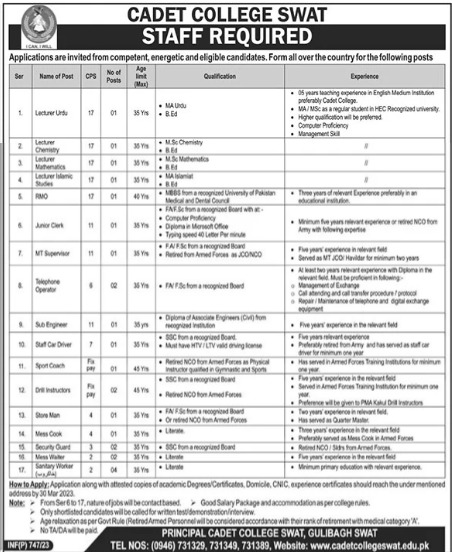 Cadet College Swat Teaching & Non Teaching Jobs 2023