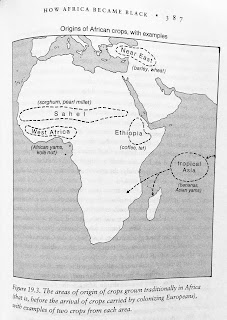 Page 387. Figure 19.3. The areas of origin of crops grown traditionally in Africa (that is, before the arrival of crops carried by colonizing Europeans), with examples of two crops from each area. 