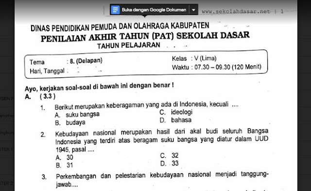 Download soal ulangan penilaian simpulan tahun atau UAS semester  Soal Ulangan Kelas 5 Tema 8 Kurikulum 2013