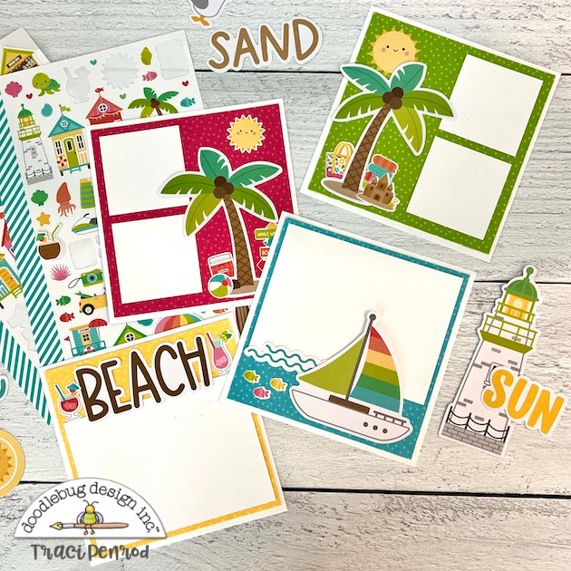 12x12 Seaside Summer Scrapbook Page with palm trees, sunshine, sailboat, and fish