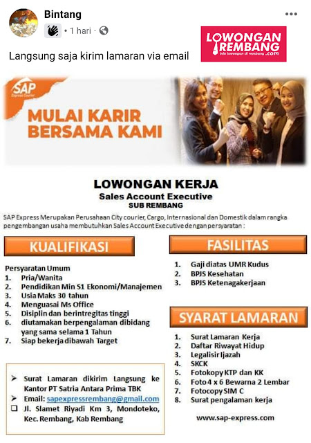 Lowongan Kerja Pegawai Sales Account Executive SAP Express Mondoteko Rembang