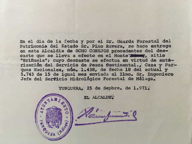 Recibo del Alcalde de Yunquera por 8 conejos procedentes del descaste de conejos de las Morenas, 25/09/1971.