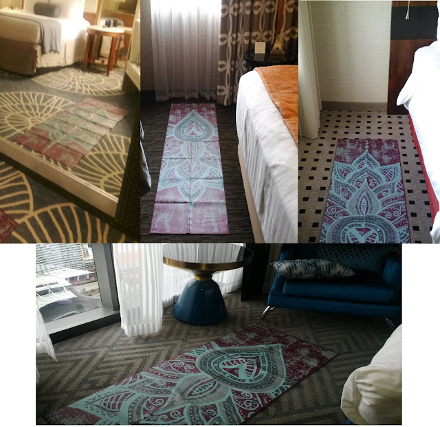 travel yoga mat in various hotel rooms