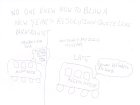 A split image of 2 paratransit buses. One says “New Year’s Eve 2019” with the declaration I will be on time in the New Year. The other says “New Year’s Day 2020” with the heading Late
