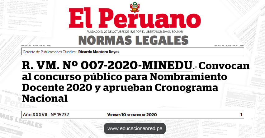 R. VM. Nº 007-2020-MINEDU - Convocan al concurso público para Nombramiento Docente 2020 y aprueban Cronograma Nacional - www.minedu.gob.pe