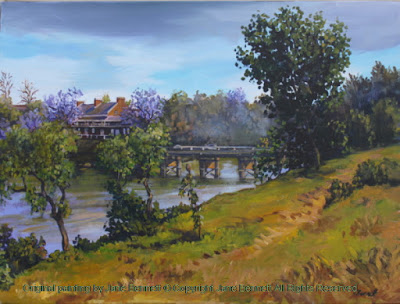 plein air oil painting of the historic Windsor Bridge across the Hawkesbury River painted by artist Jane Bennett