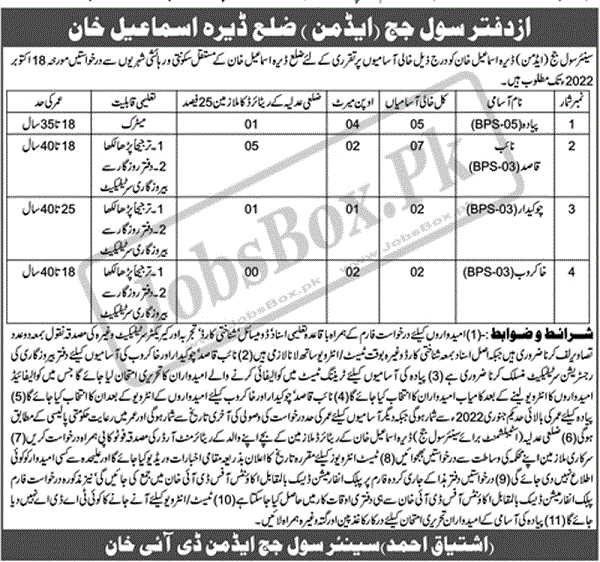 Today Civil Court Jobs 2022 in Senior Civil Judge Office Dera Ismail Khan Jobs 2022 / Jobsbox1 and pakjobcentre and Jobzuking