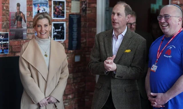 The Duchess of Edinburgh wore a Lima double face cashmere coat by Joseph, and a fallon sweater dress by Reiss