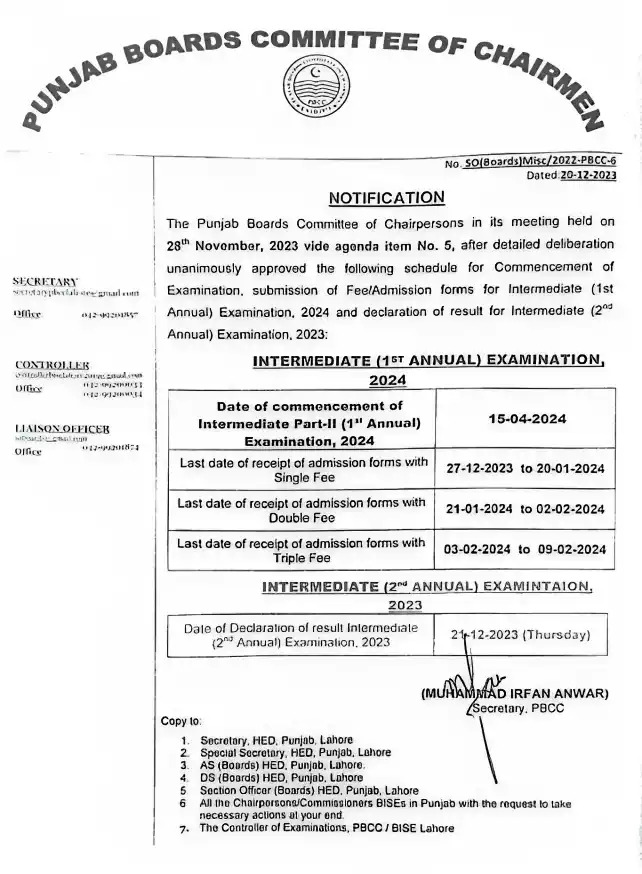 Punjab Boards Inter Admission Forms, Fees, and Schedule 2024