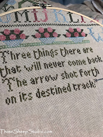 "Three Things Sampler" design by Moira Blackburn.  Stitched by Rose Clay at ThreeSheepStudio.com