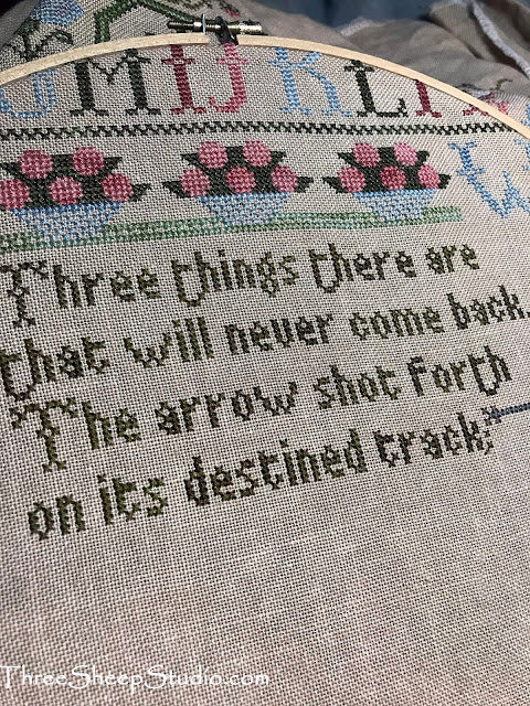 "Three Things Sampler" design by Moira Blackburn.  Stitched by Rose Clay at ThreeSheepStudio.com